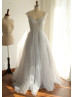 Light Gray Lace Organza Cut Out Back Unique Prom Dress